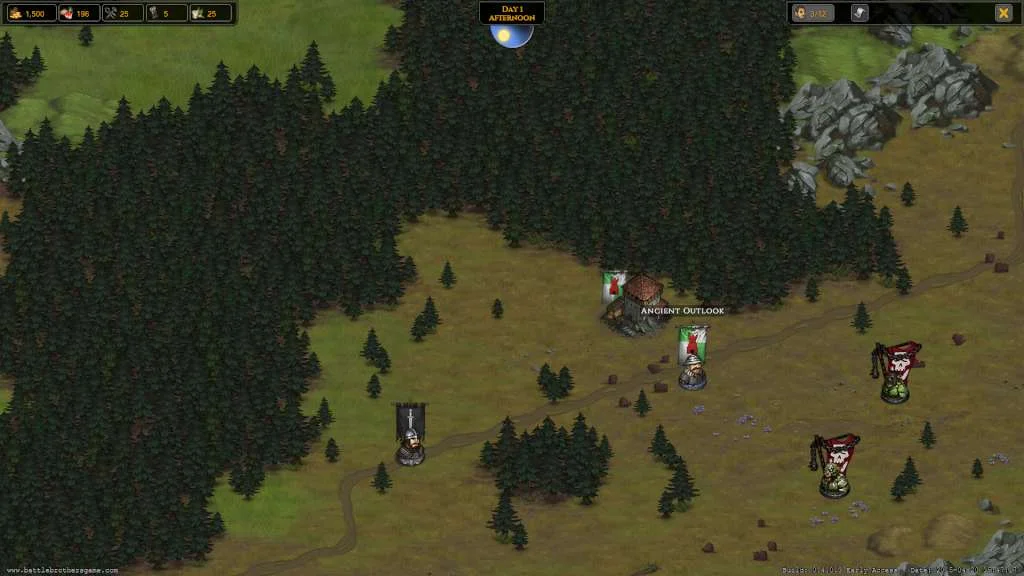 Day 1 afternoon world map, Ancient Outlook on a forest path, banners and a small camp on the grass