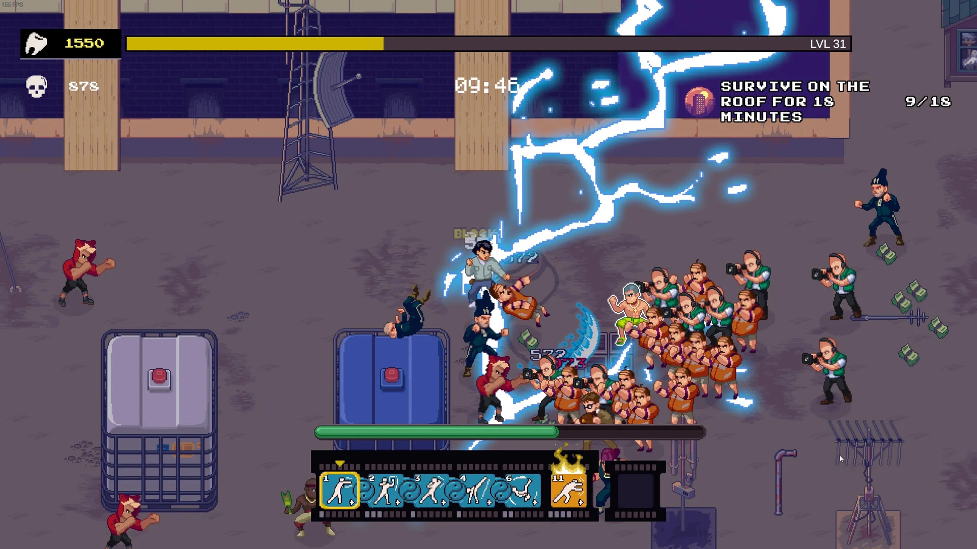 A street crowd hit by a blue lightning bolt beside two red-button tanks