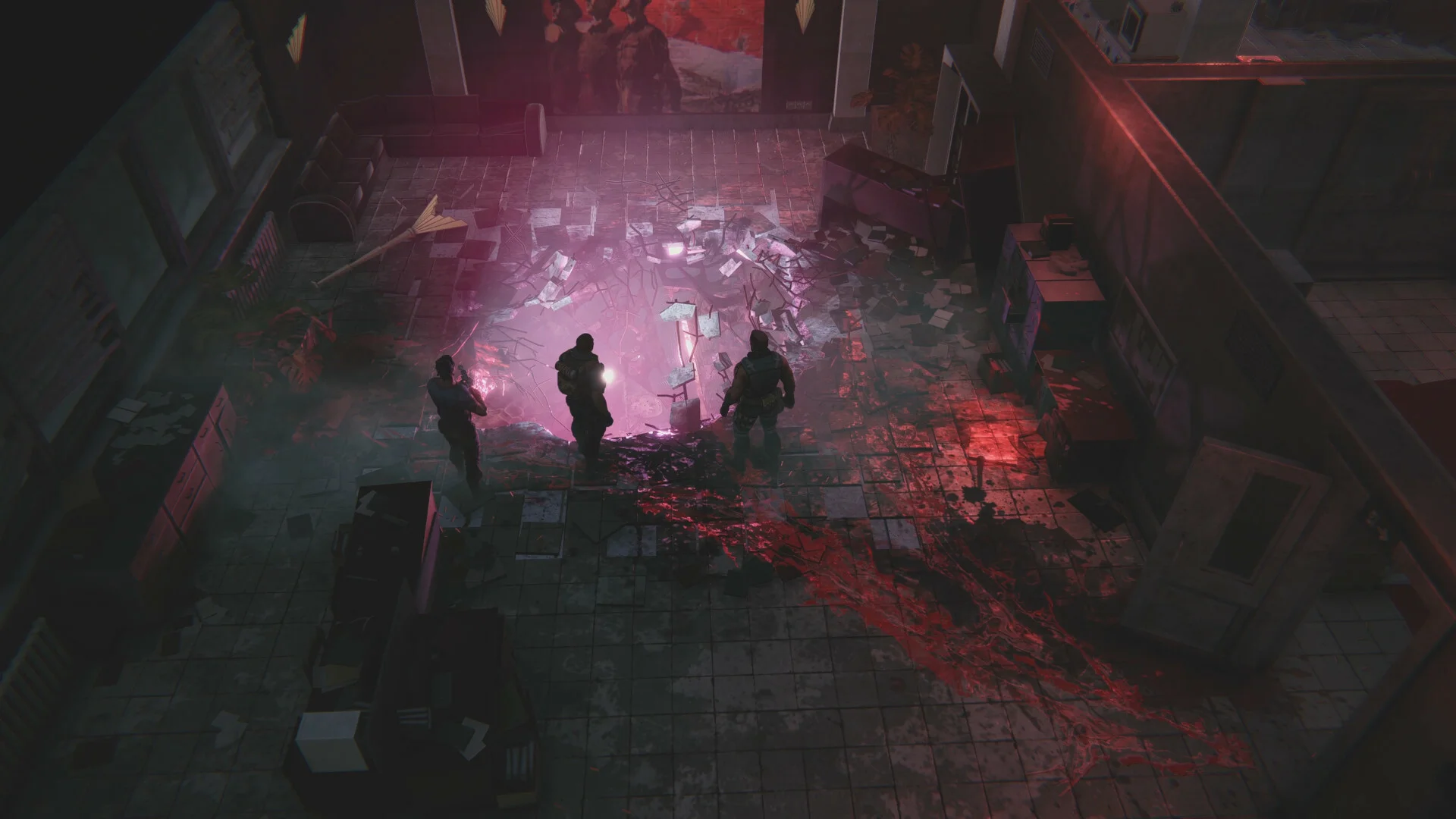 Three silhouettes around a pink cracked floor glow in a tiled room, red smear across the tiles