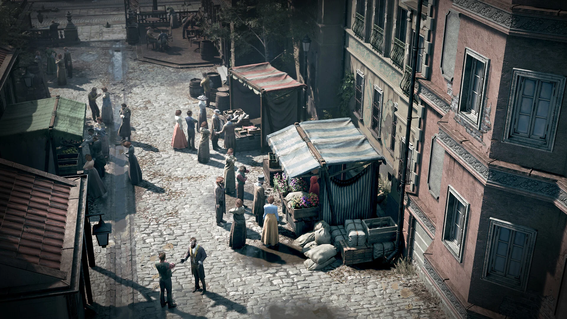 High noon market street: flower cart, grain sacks, townsfolk on wet cobbles between tenements
