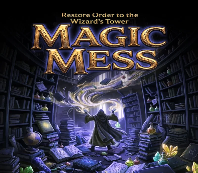 Magic Mess cover art, cozy wizard tower organization sim