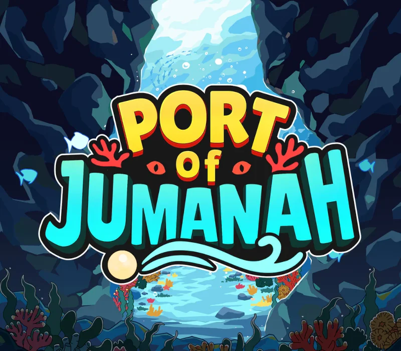Port of Jumanah cover: yellow and cyan title over a coral cave and a pearl