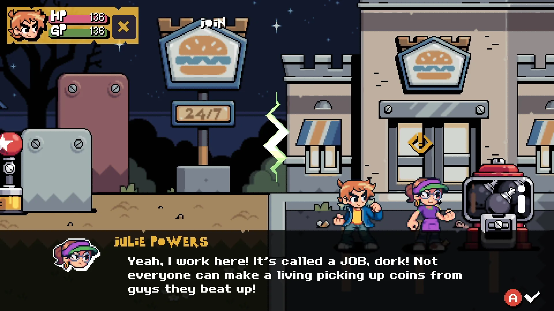 Scott Pilgrim EX PlayStation US Julie Powers burger shop dialogue