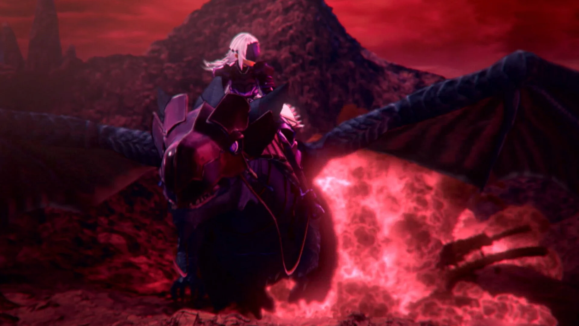 A silver-haired rider on a dark winged beast over red lava rock