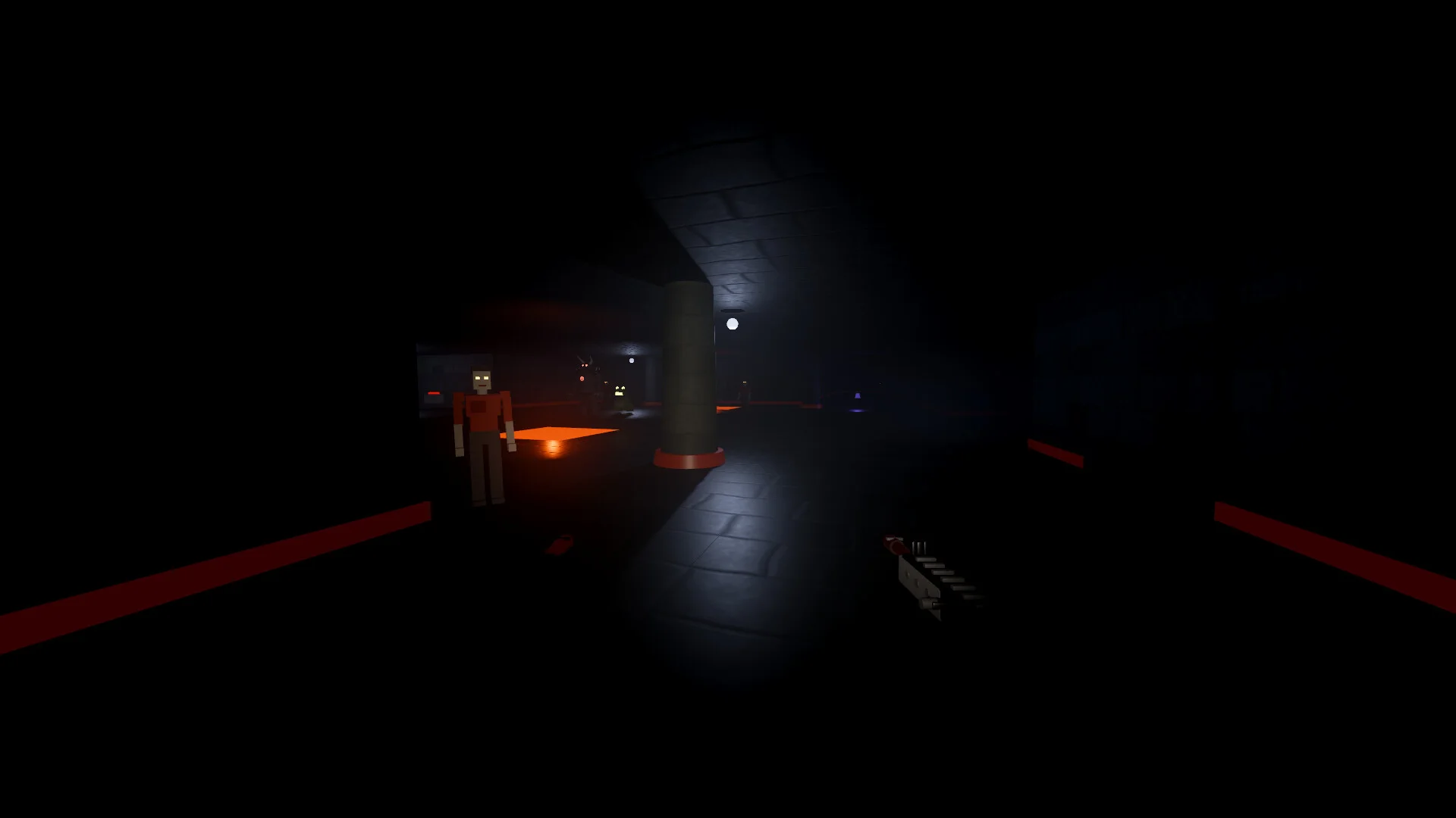 Angel Told Me dark corridor with red floor stripes and orange-shirt figure