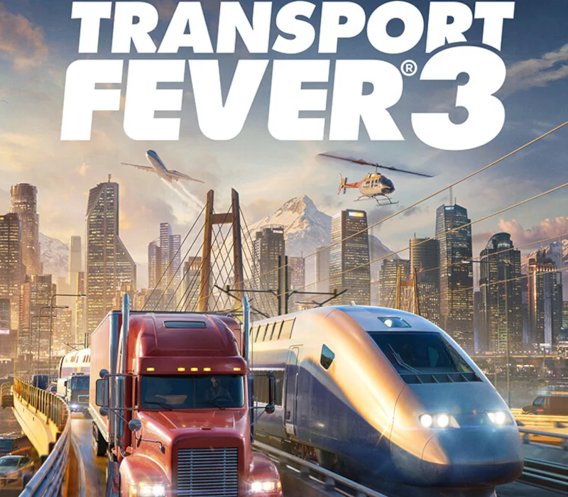 Red semi-truck and silver high-speed train on a cable-stayed bridge under the Transport Fever 3 logo, with a jet and helicopter over a glass skyline