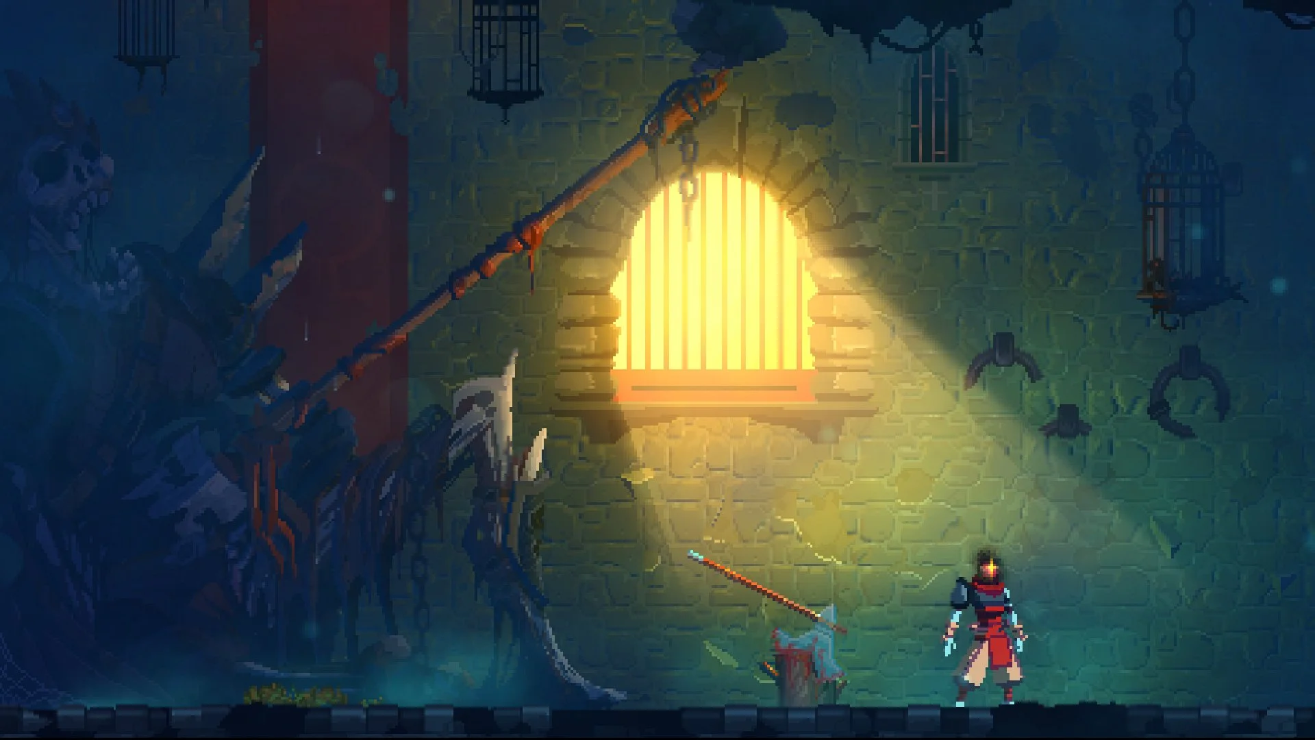 Dungeon: prisoner by a barred yellow window, giant spiked wreckage, hanging birdcages and a dropped sword