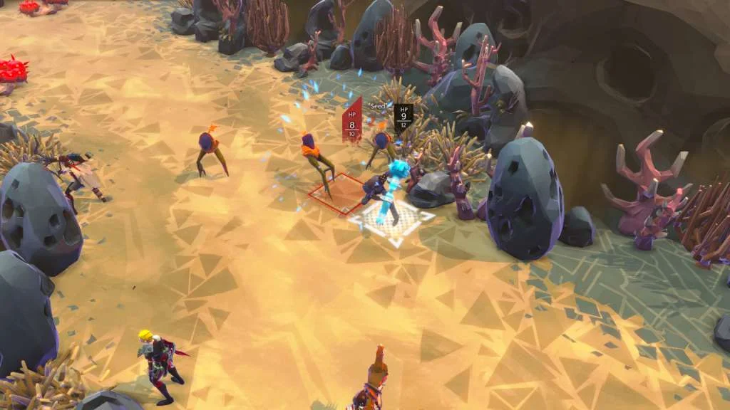 Heroes fighting on a rocky battlefield.