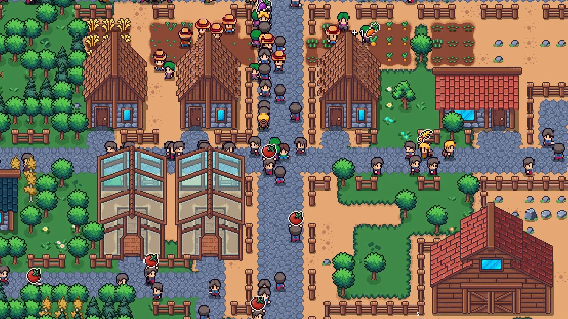 Top-down farm: greenhouse, three cottages, brick warehouse, crop plots and dirt roads