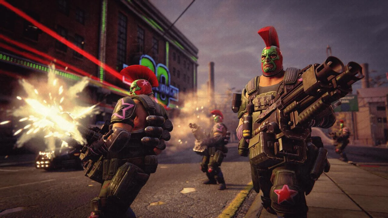 A mohawk character with a large gun in a firefight.