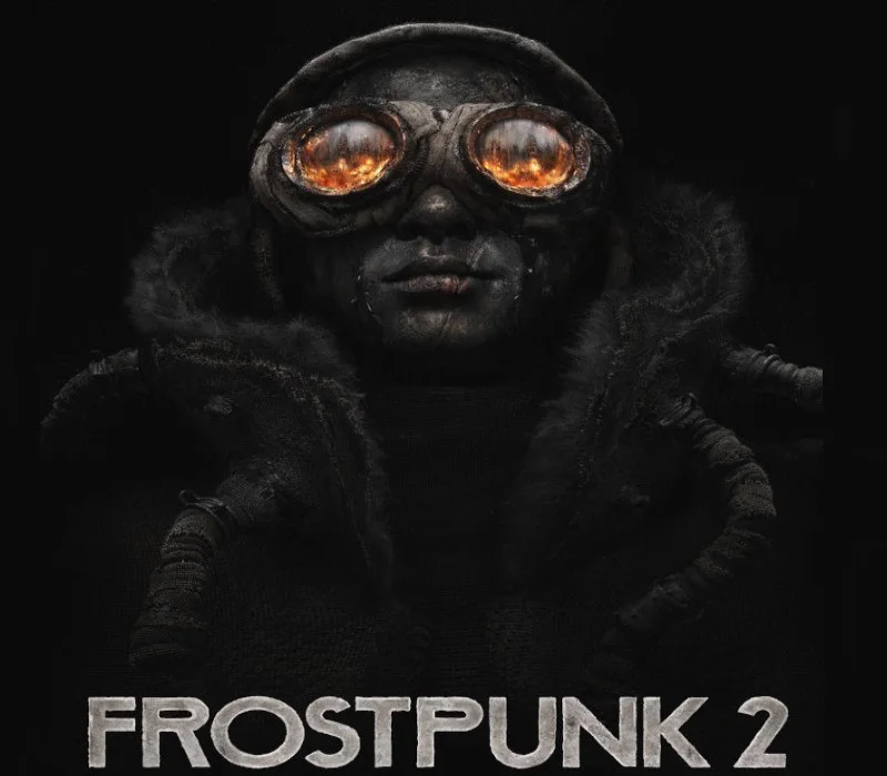 Frostpunk 2 cover of a goggled survivor in a fur-lined coat, lenses reflecting a burning city