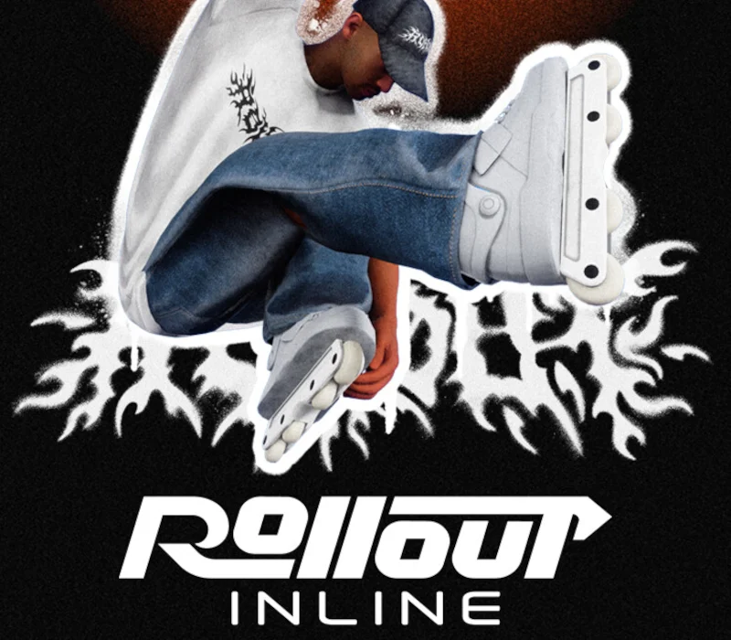 Rolkarz w białych rolkach nad logo Rollout Inline