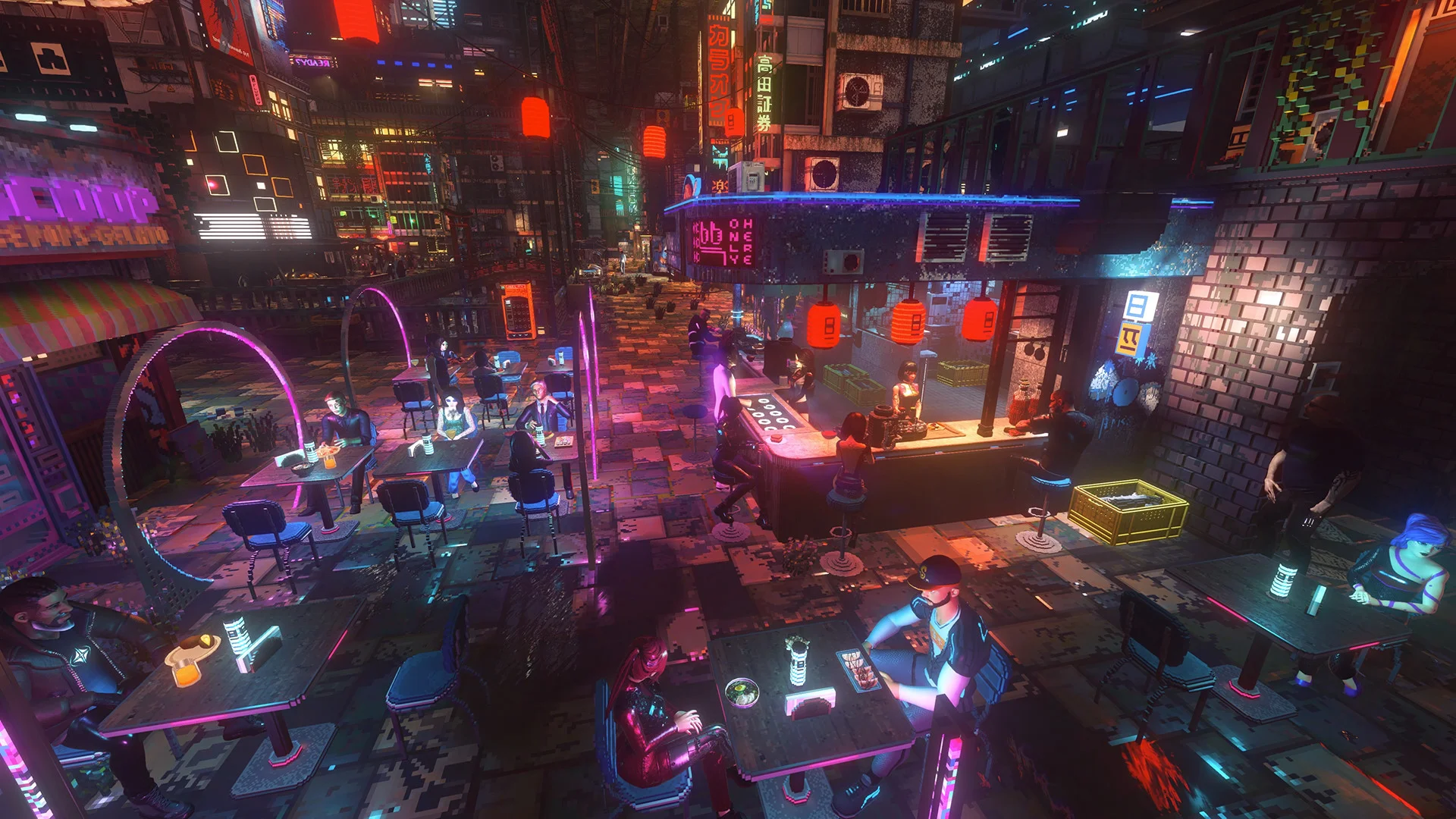 Open-air night market from above, red lanterns over a bar, pink neon rings, diners at scattered tables