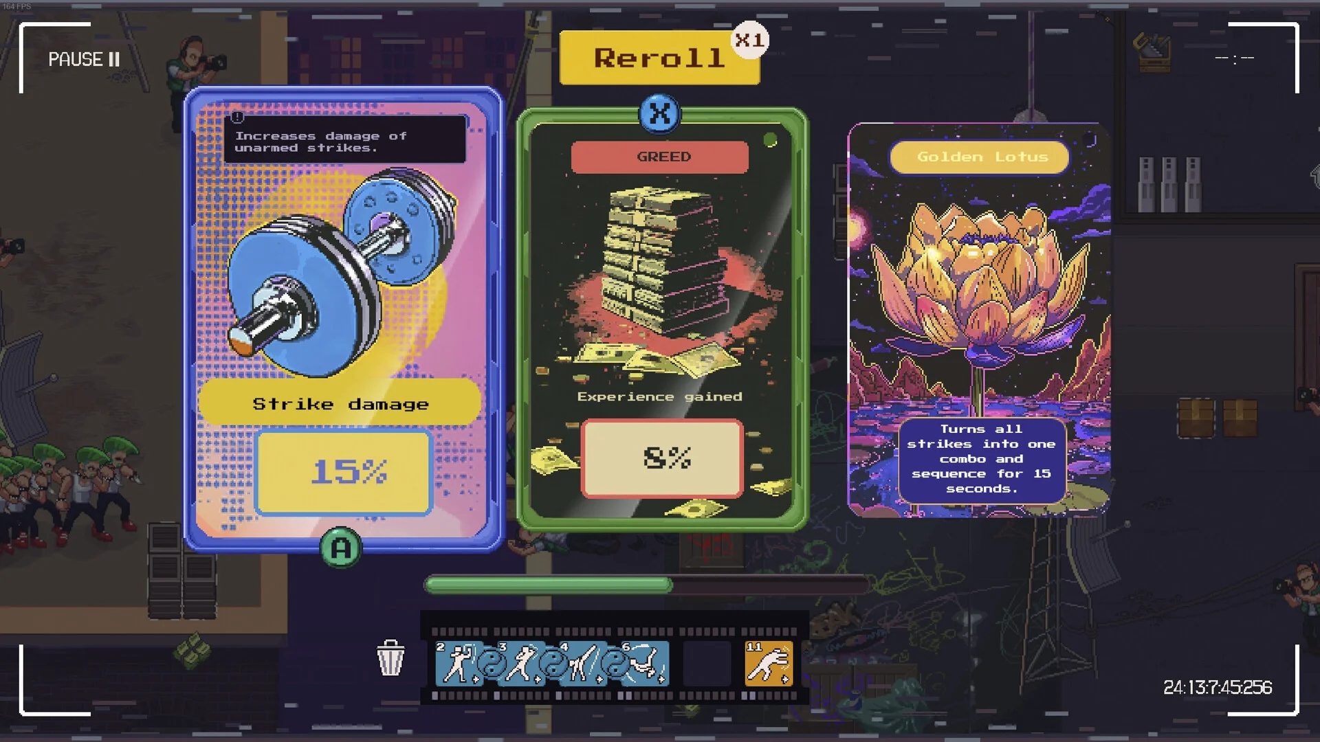 A pause card pick: Strike damage, Greed, and Golden Lotus with a Reroll x1 tag
