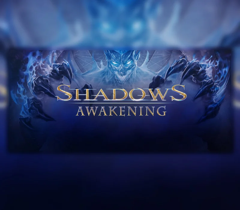 Cover: blue horned demon of ice and smoke behind gold Shadows Awakening lettering on a dark field