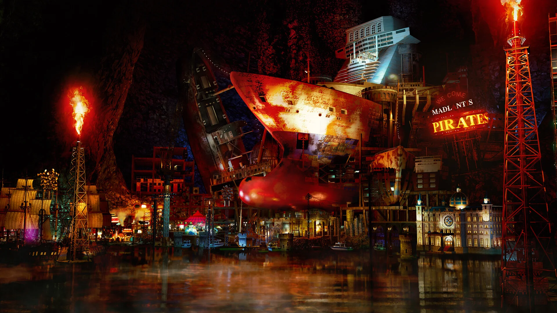 A rusted pirate ship hull inside a neon cave harbor under a pirates sign