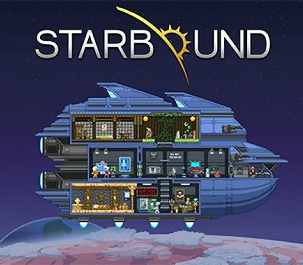 Starbound cover: cutaway blue starship over a pink planet, STARBOUND sun-gear title