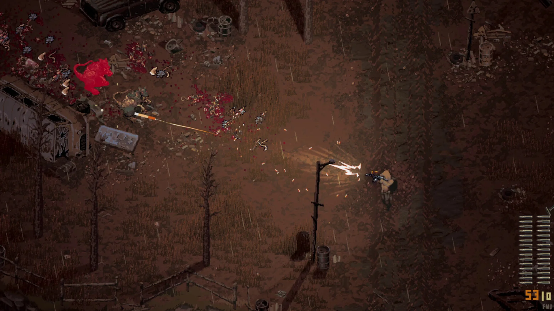 Mud lot: red mutant by a wrecked van, scavenger muzzle flash, ammo 53