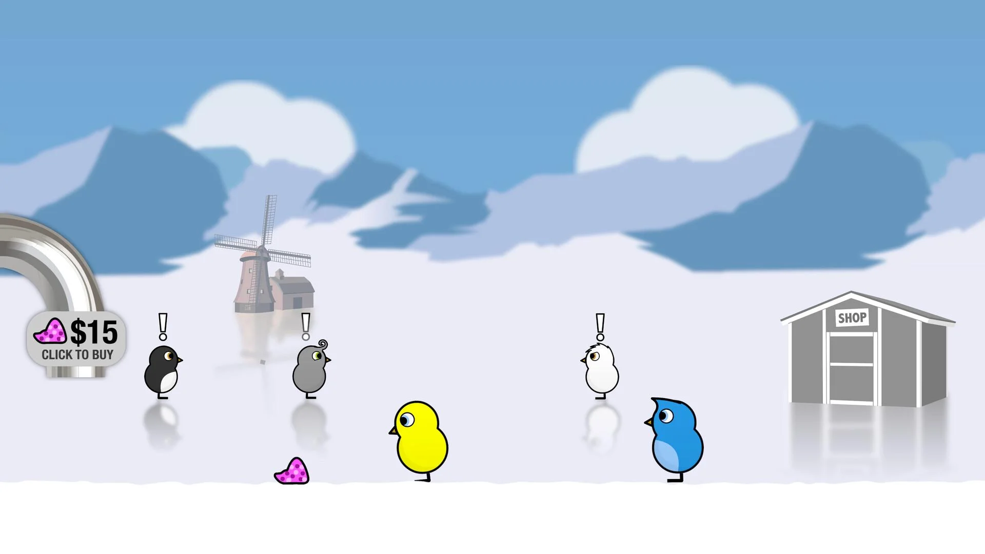 Snowy field with a shop, a windmill, and ducks beside a fifteen-dollar gem