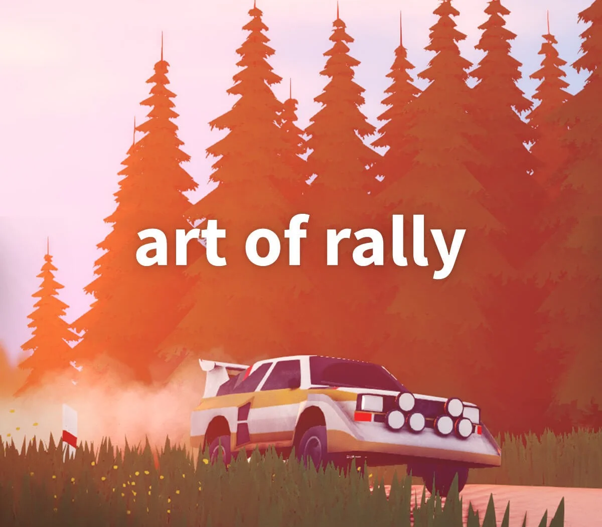 art of rally cover, white and gold Group B rally car kicking dust past orange pines and a red-white stake