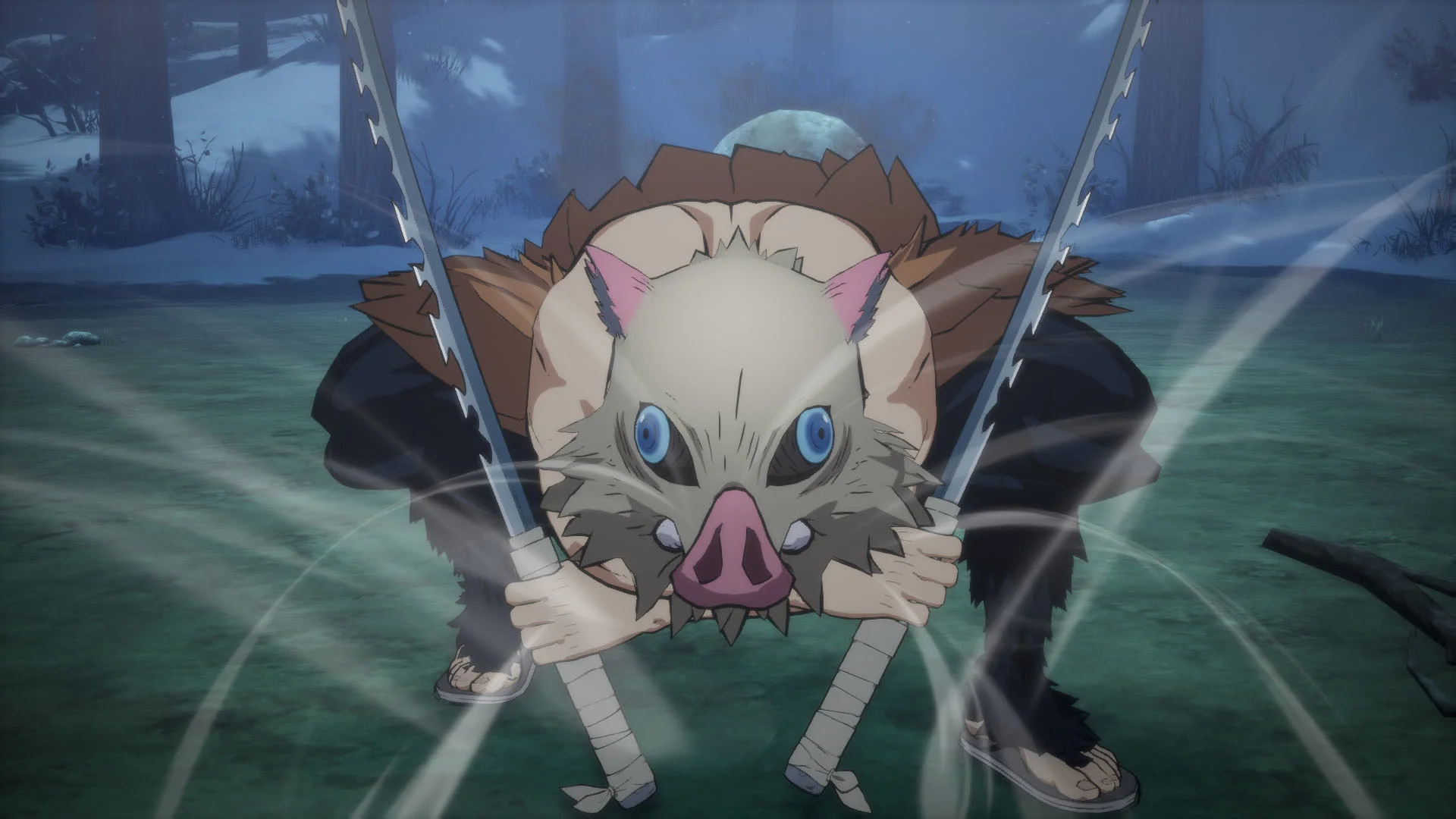 A crouching fighter in a boar mask.