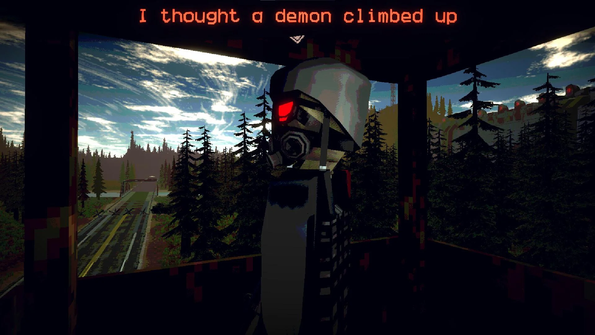 Gas-masked figure with a red visor in a lookout, pine trees and a highway, subtitle about a demon climbing