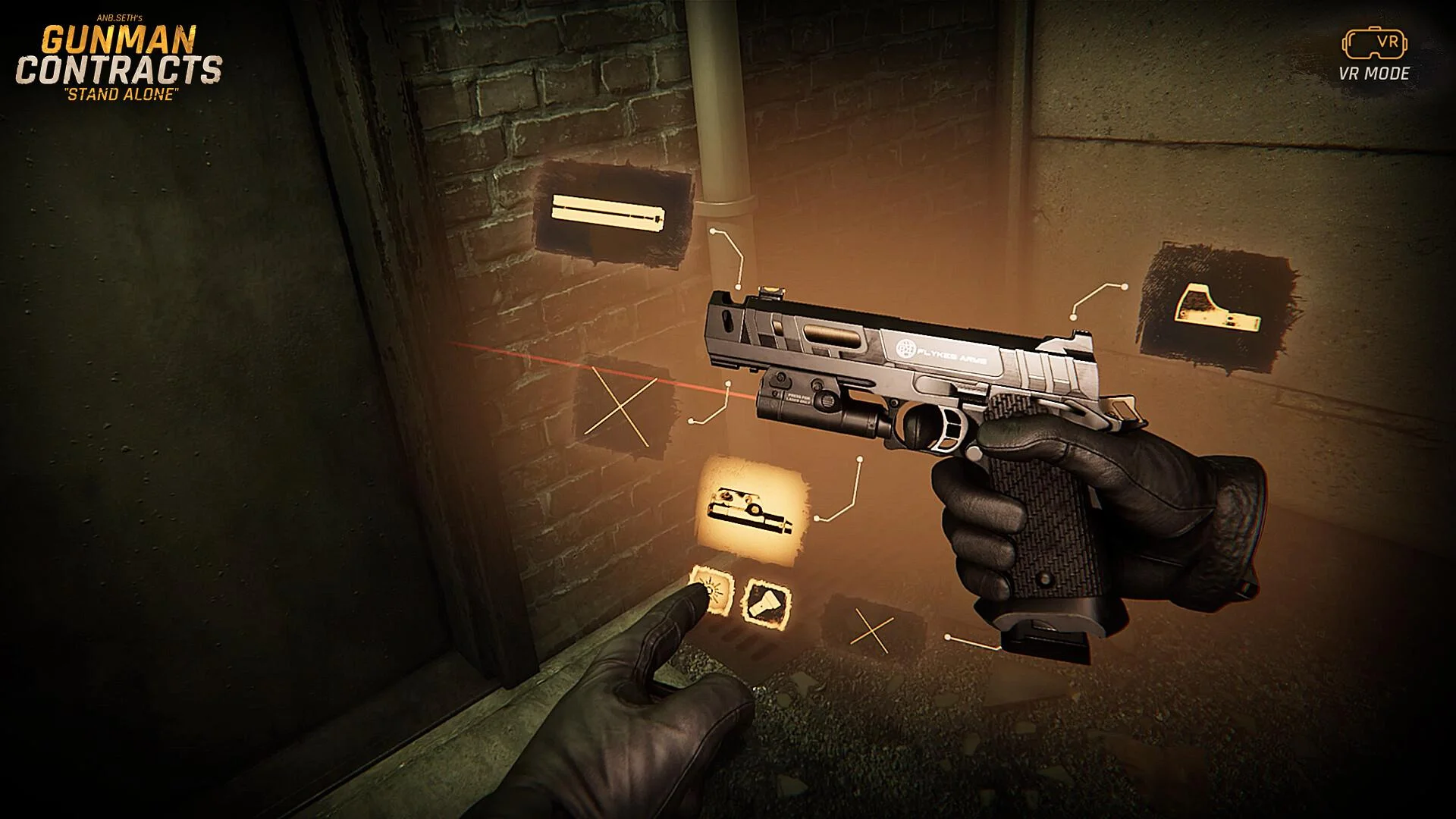 VR MODE: gloved finger picking a pistol attachment tile, laser sight on brick