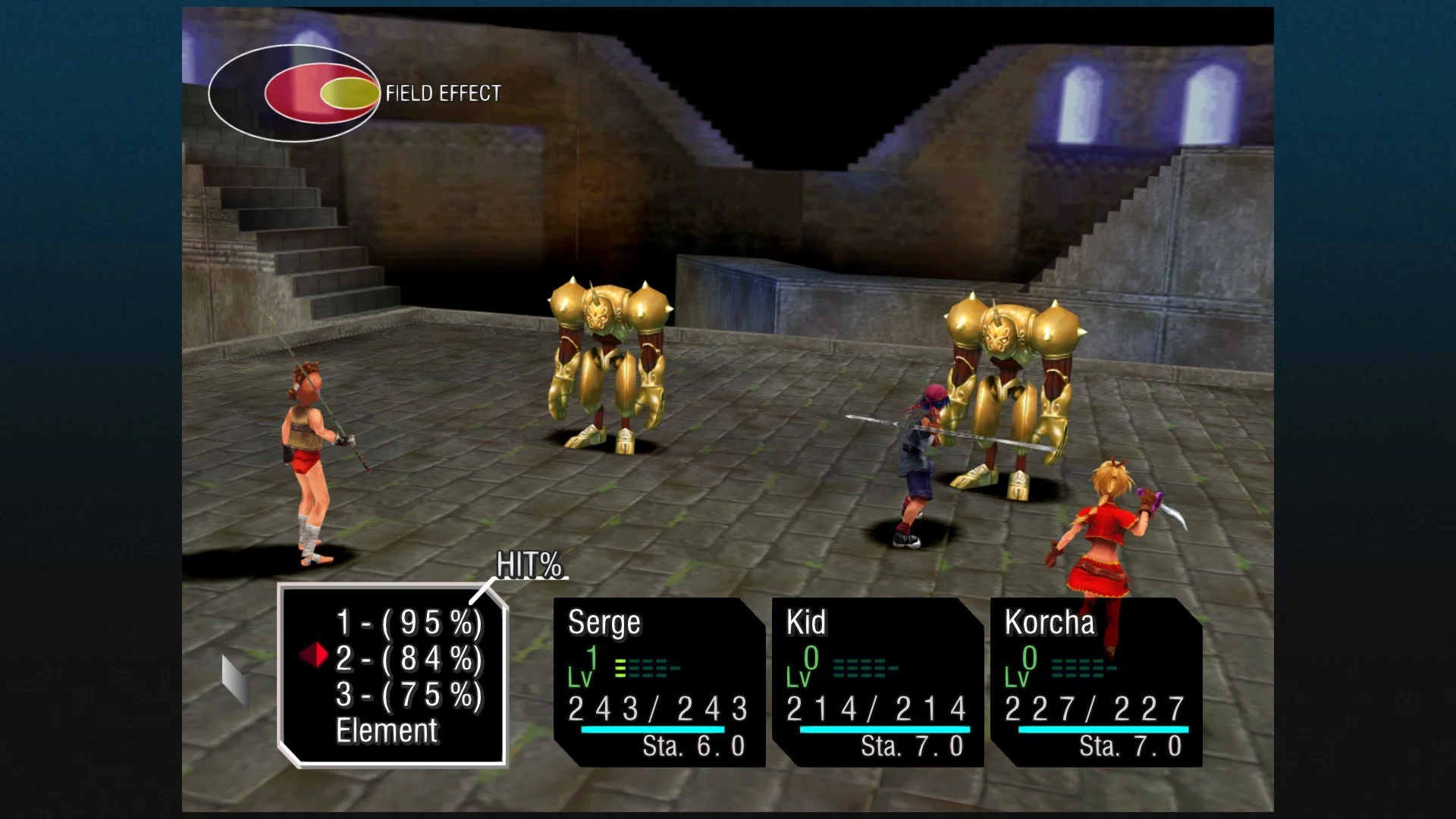 Serge and two allies face golden enemies in a stone hall.