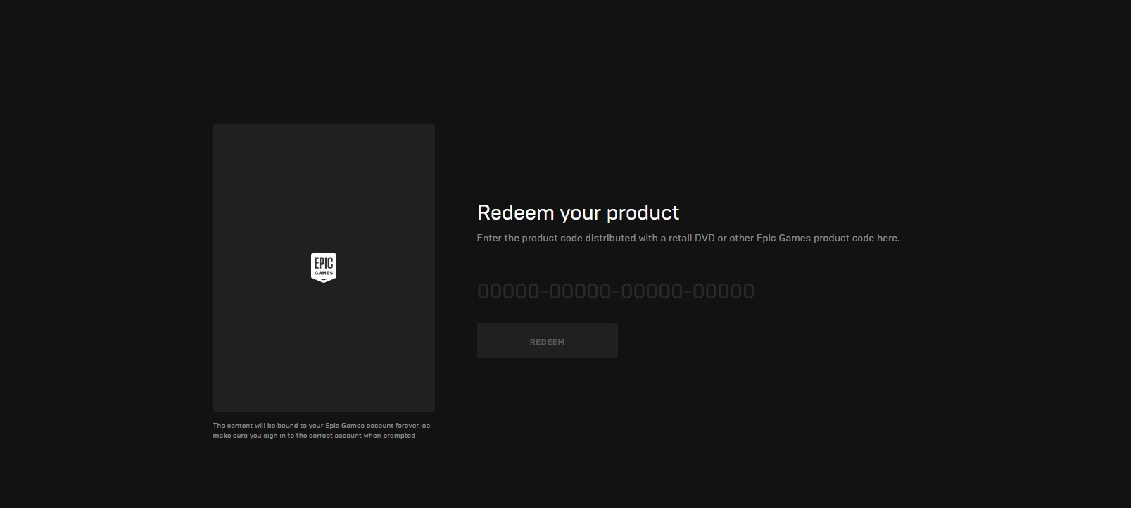 Epic Games website redeem page