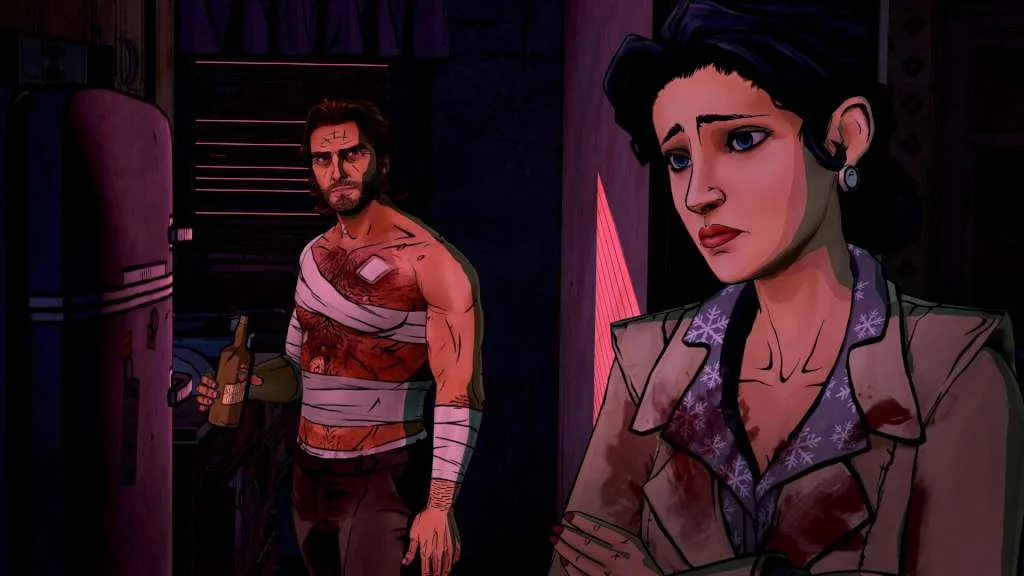 A bloodied man in a tank top stands beside a dark-haired woman.