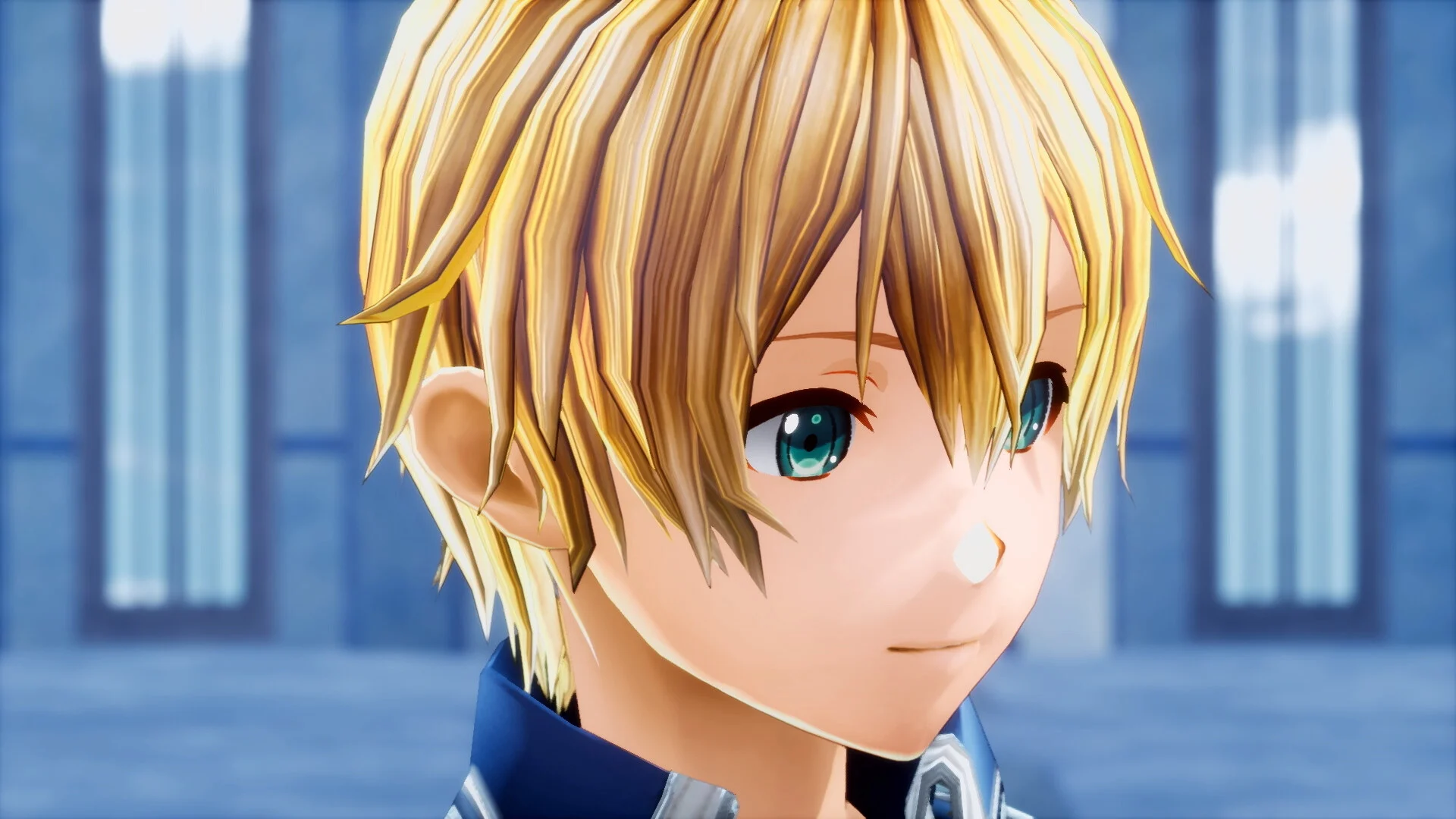 Close-up of a blond boy with teal eyes and a blue collar