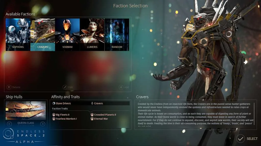 Faction selection with a tall mechanical figure
