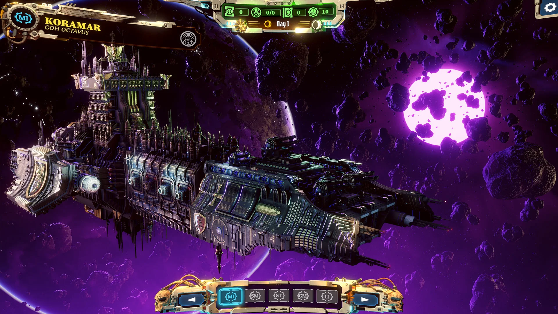 Gothic spaceship labeled Koramar Goh Octavus drifting through purple asteroids toward a pink moon, campaign HUD on Day 1