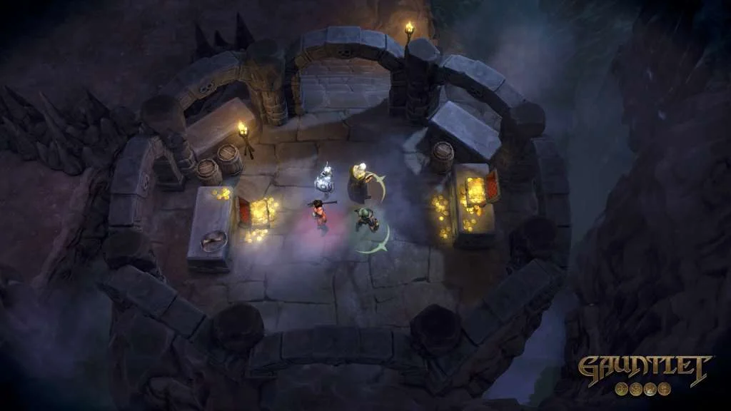 Circular stone room with gold piles and barrels, four heroes in coloured auras standing on the floor, Gauntlet logo lower right