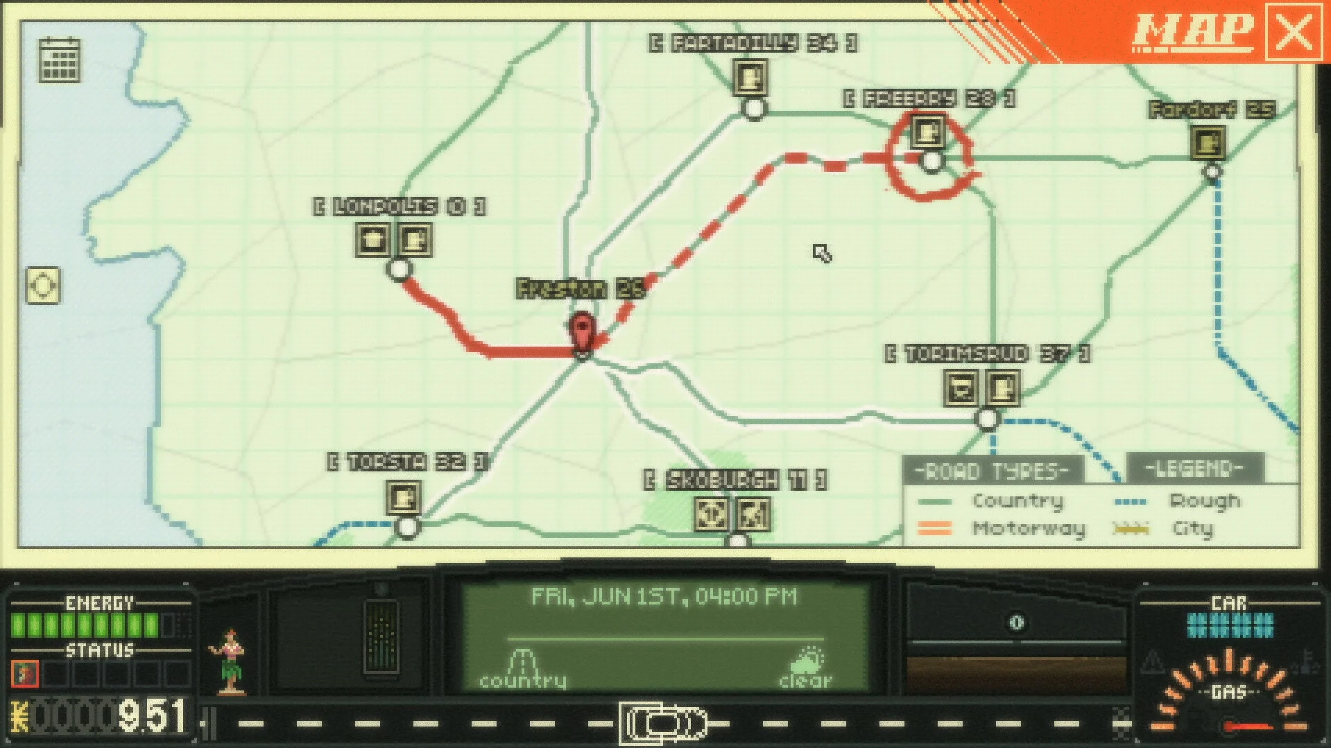 Mapa, czerwona trasa przez Preston 35, Fardorf 25, Freeway 28, legenda Country Motorway Rough City, FRI JUN 1ST 04:00 PM