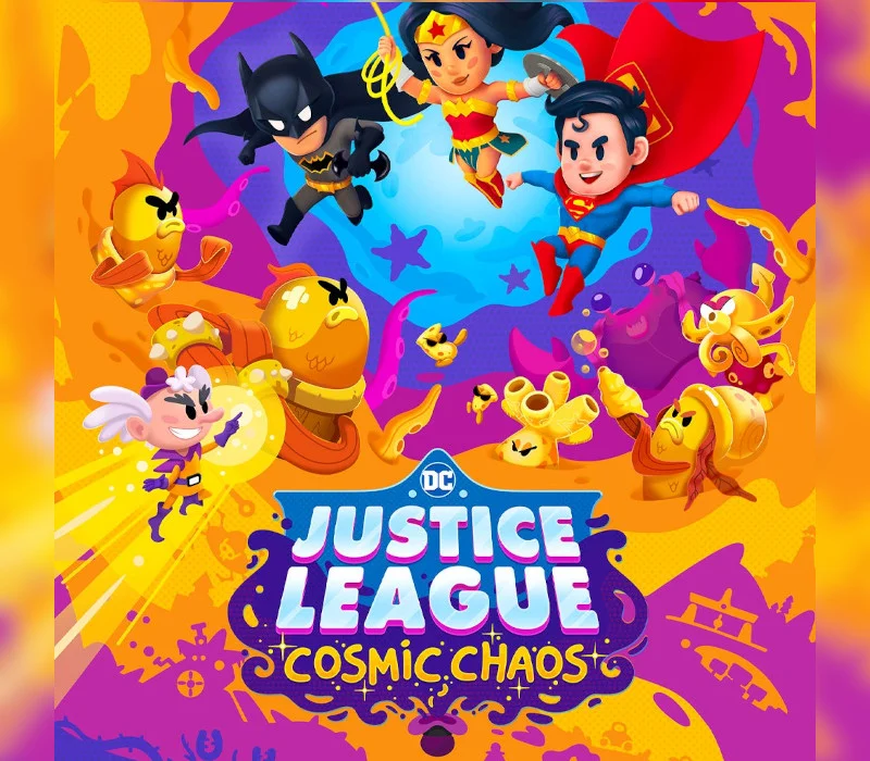 Justice League Cosmic Chaos cover with Batman Wonder Woman and Superman over gold fish chaos