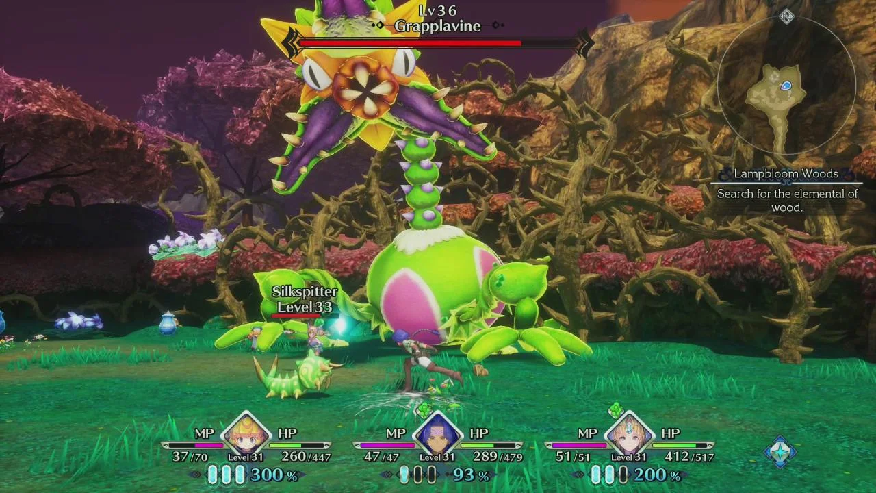 Trials of Mana real-time battle against a Benevodon