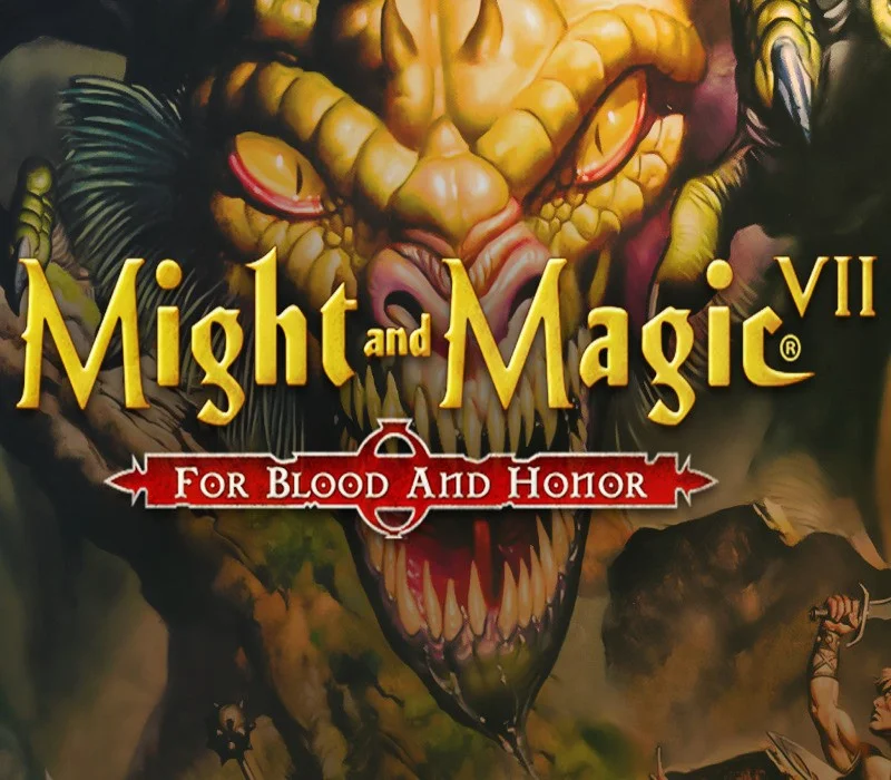 Might and Magic VII cover, four-hero party in Erathia