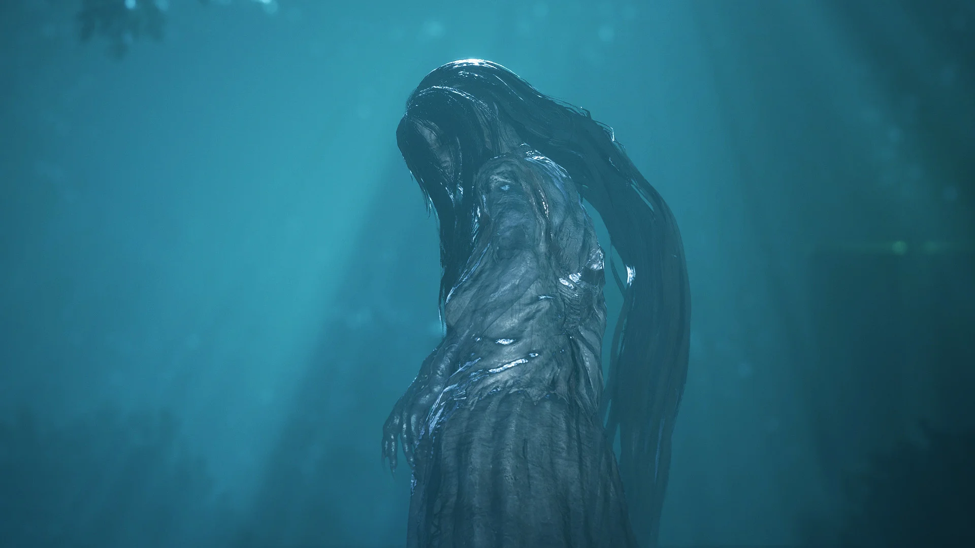 Long-haired ghost in a wet dress under blue light