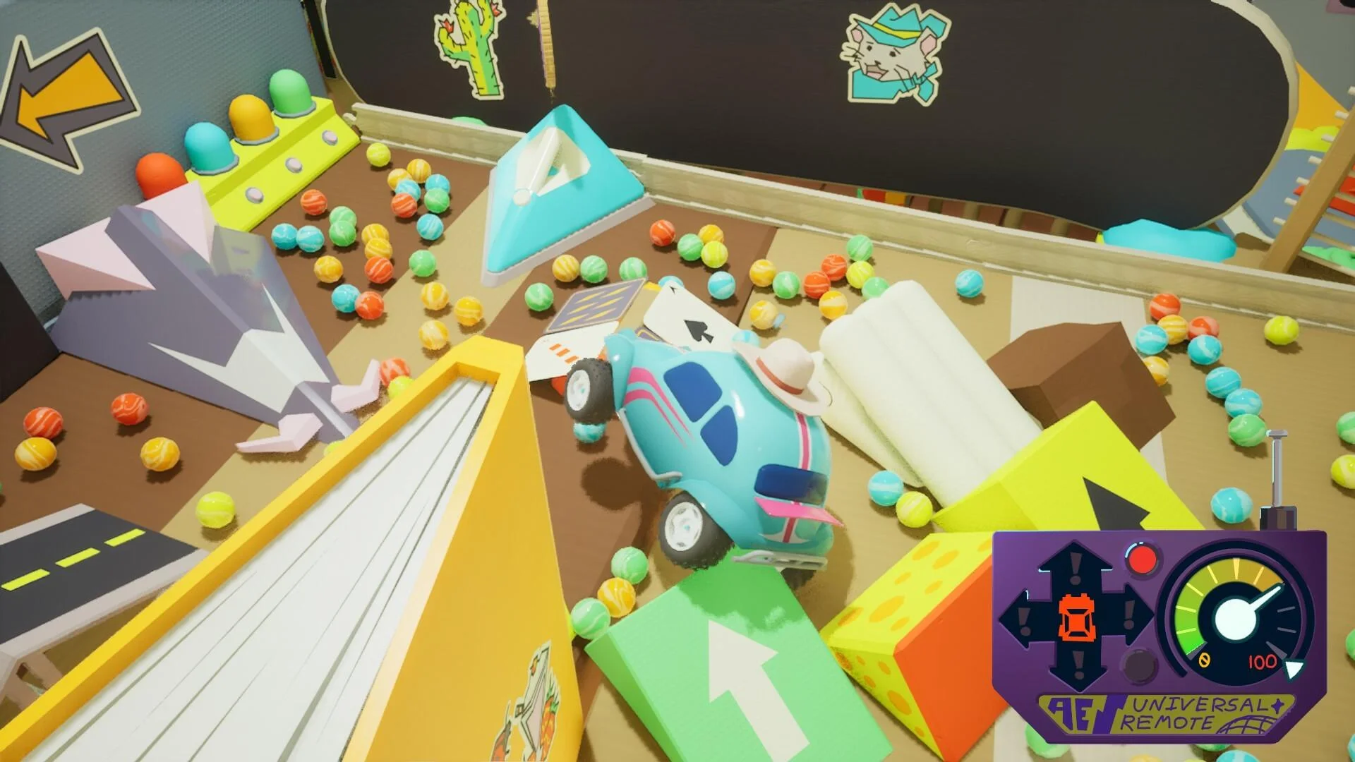 Light blue beetle with a straw hat tipped among marbles, cheese blocks and arrow blocks
