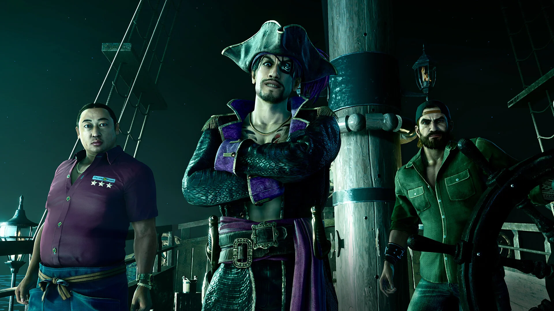 Goro Majima in pirate coat with two crew members beside a ship wheel at night