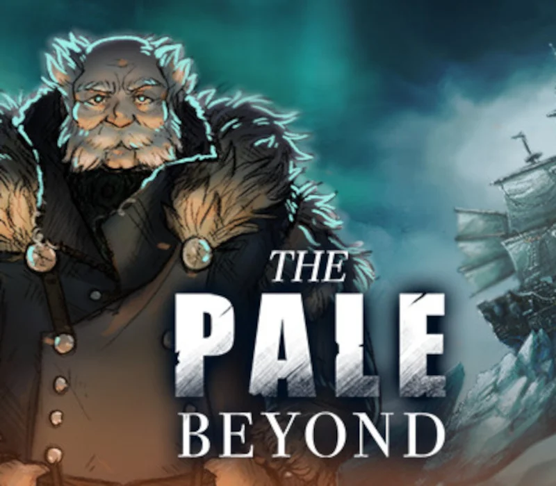 Bearded explorer in a fur-collared dark coat under THE PALE BEYOND title, a sailing ship on ice in a teal storm behind him