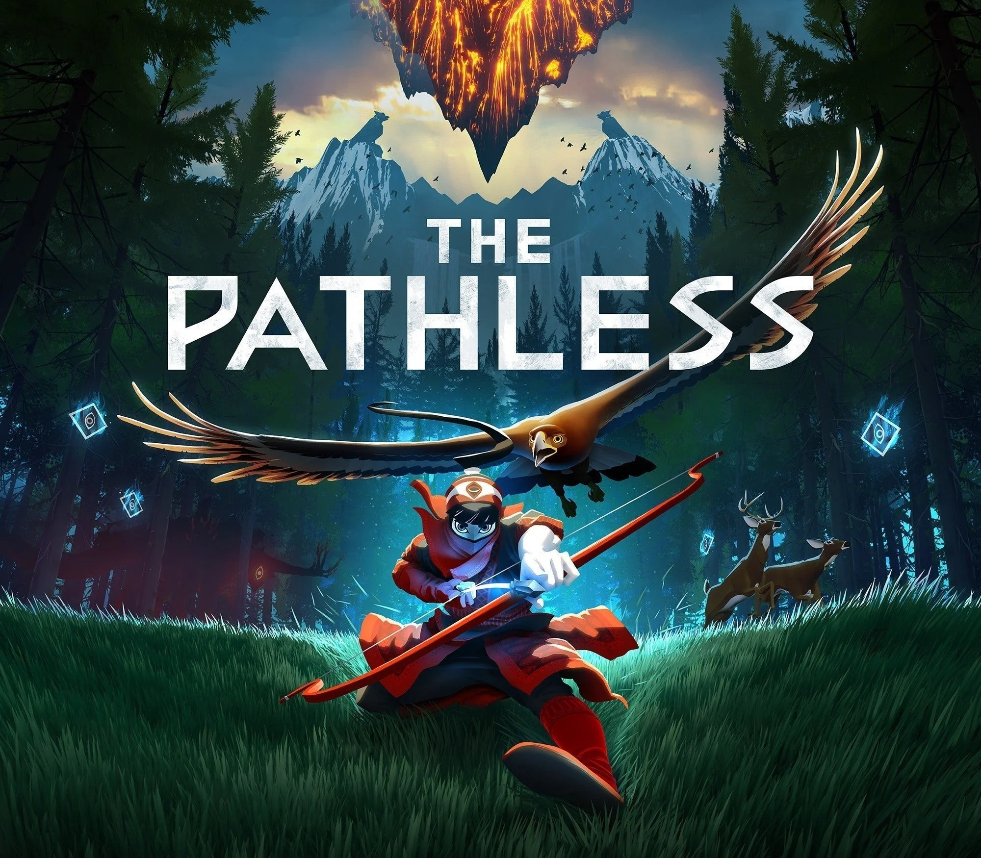 Cover, title THE PATHLESS, red-clad archer with a bow, eagle overhead, floating lava island, deer and glowing targets in a pine forest
