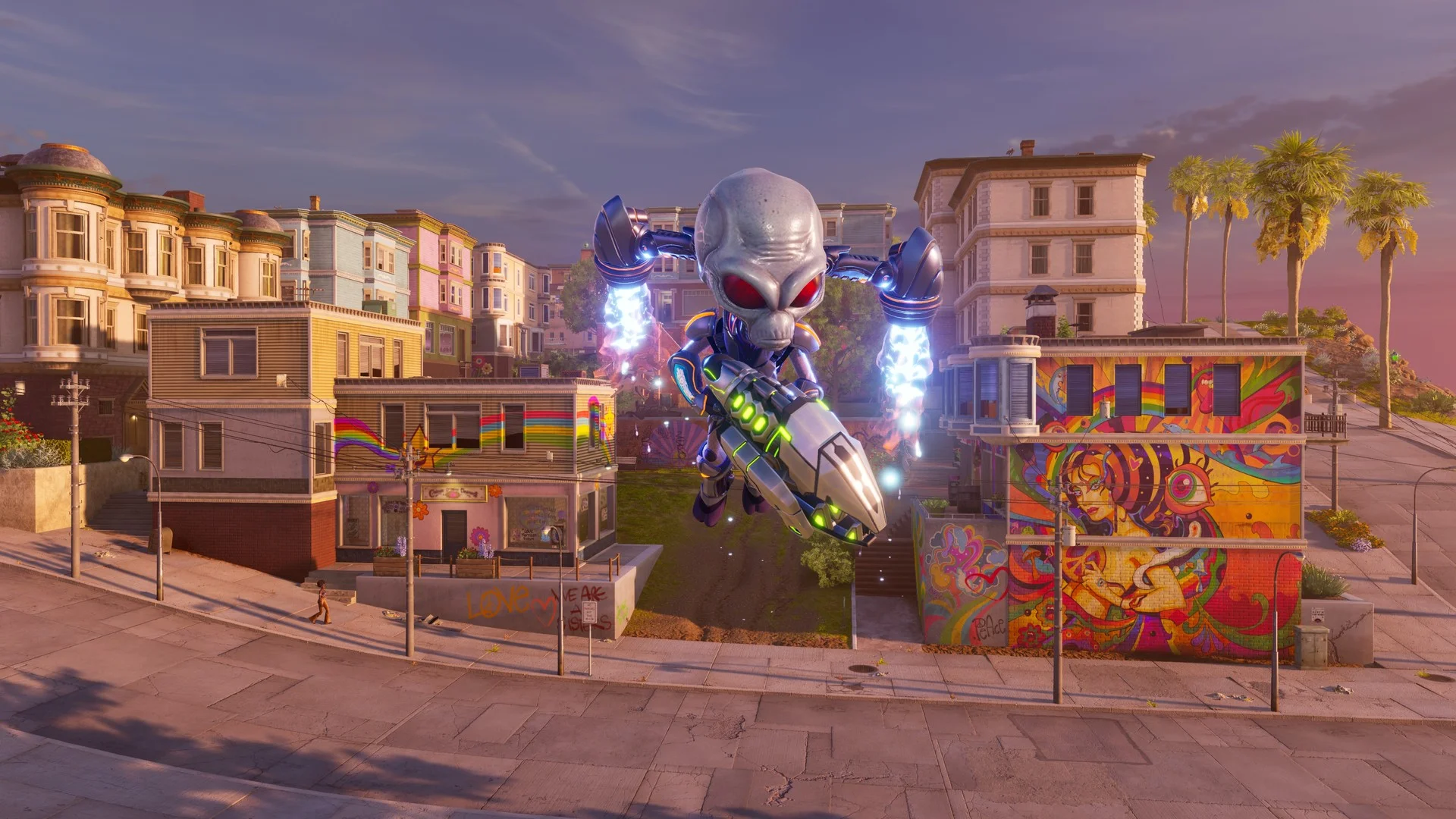 Crypto on a glowing hoverboard with jet boots flying between pastel Victorian houses, palm trees and a rainbow mural at sunset