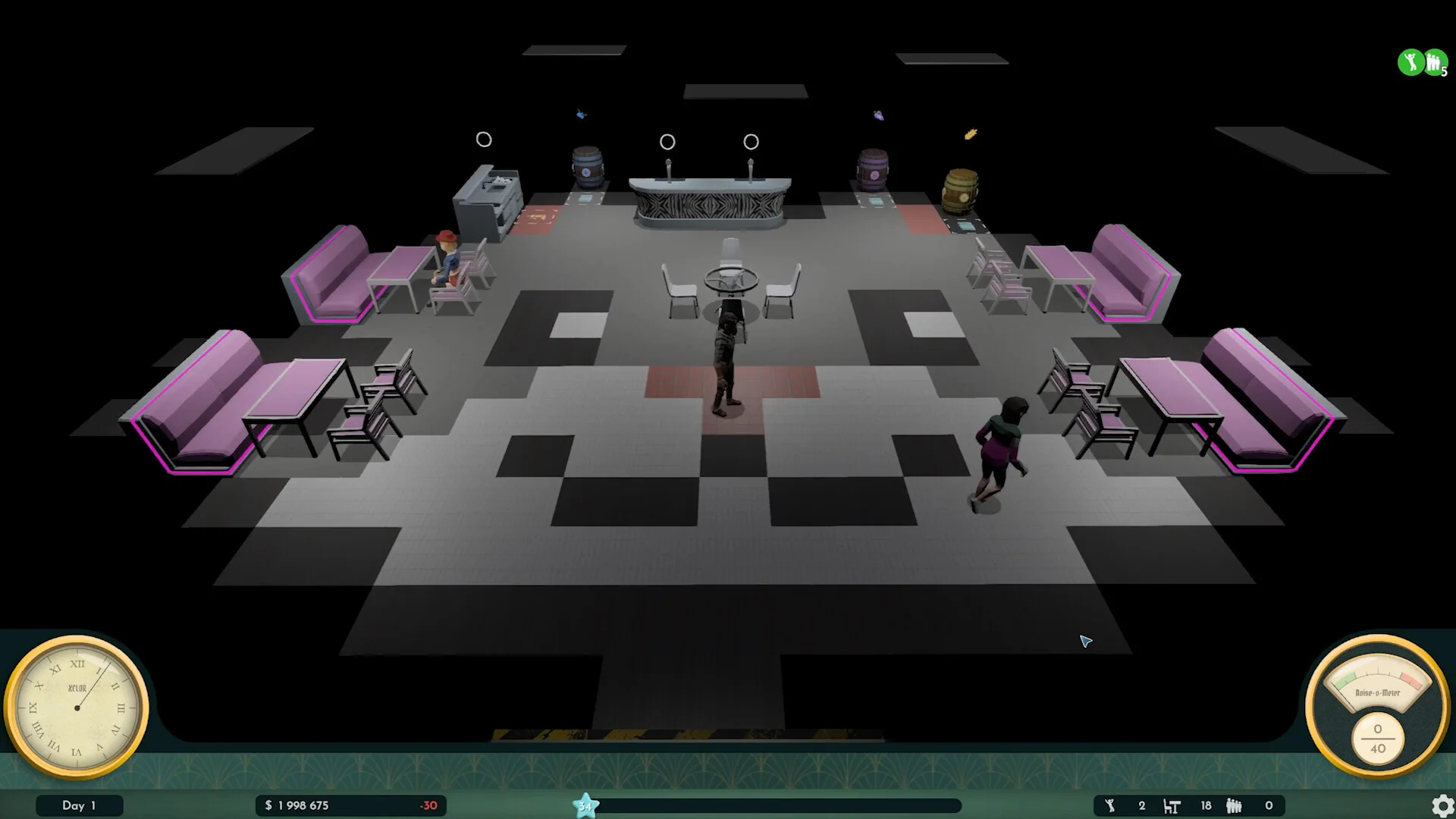 Geometric lounge layout with purple seats and a central service area