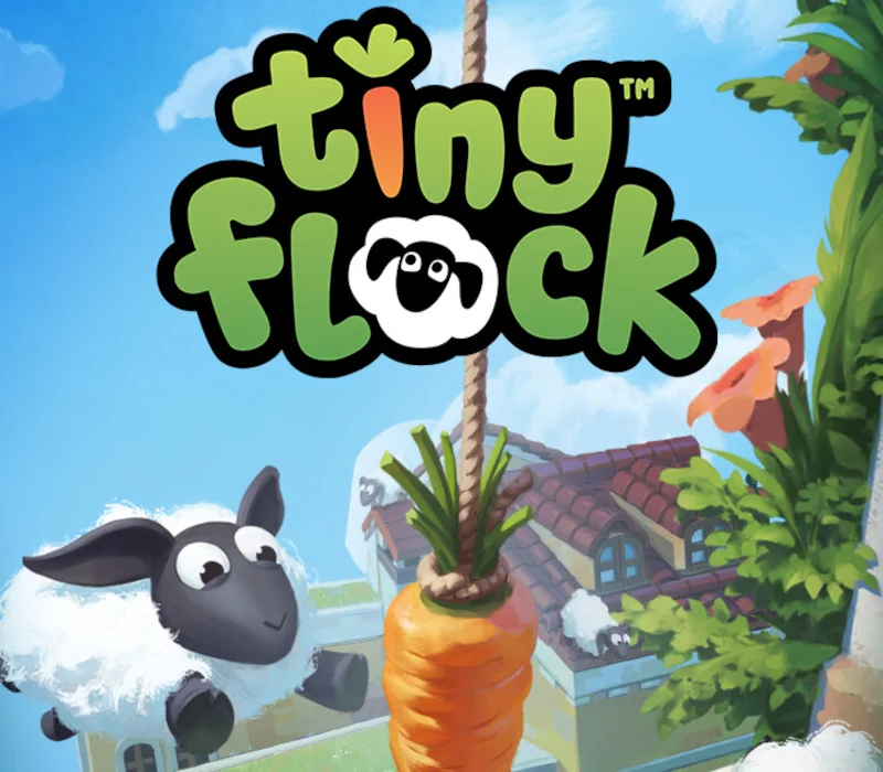 Cover: cartoon sheep leaps toward a giant carrot hanging from a rope under the green Tiny Flock title, tiled roofs and orange flowers behind
