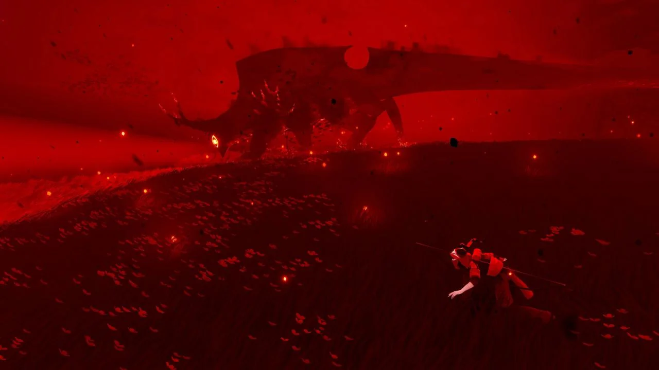 Red sky, huge dark beast with a glowing eye on a ridge, hunter with a staff in tall grass