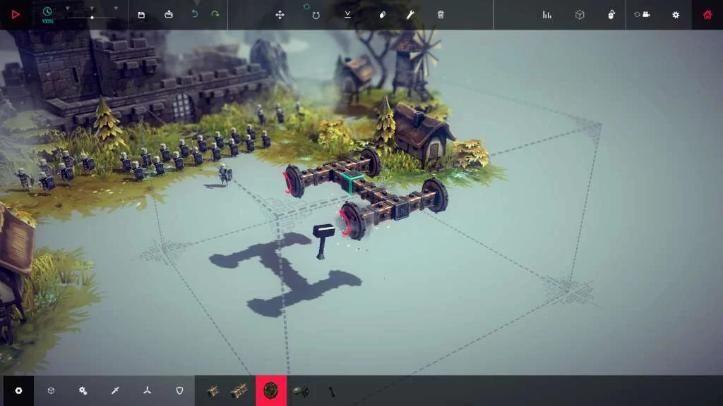 Besiege workshop grid with blocks forming a catapult