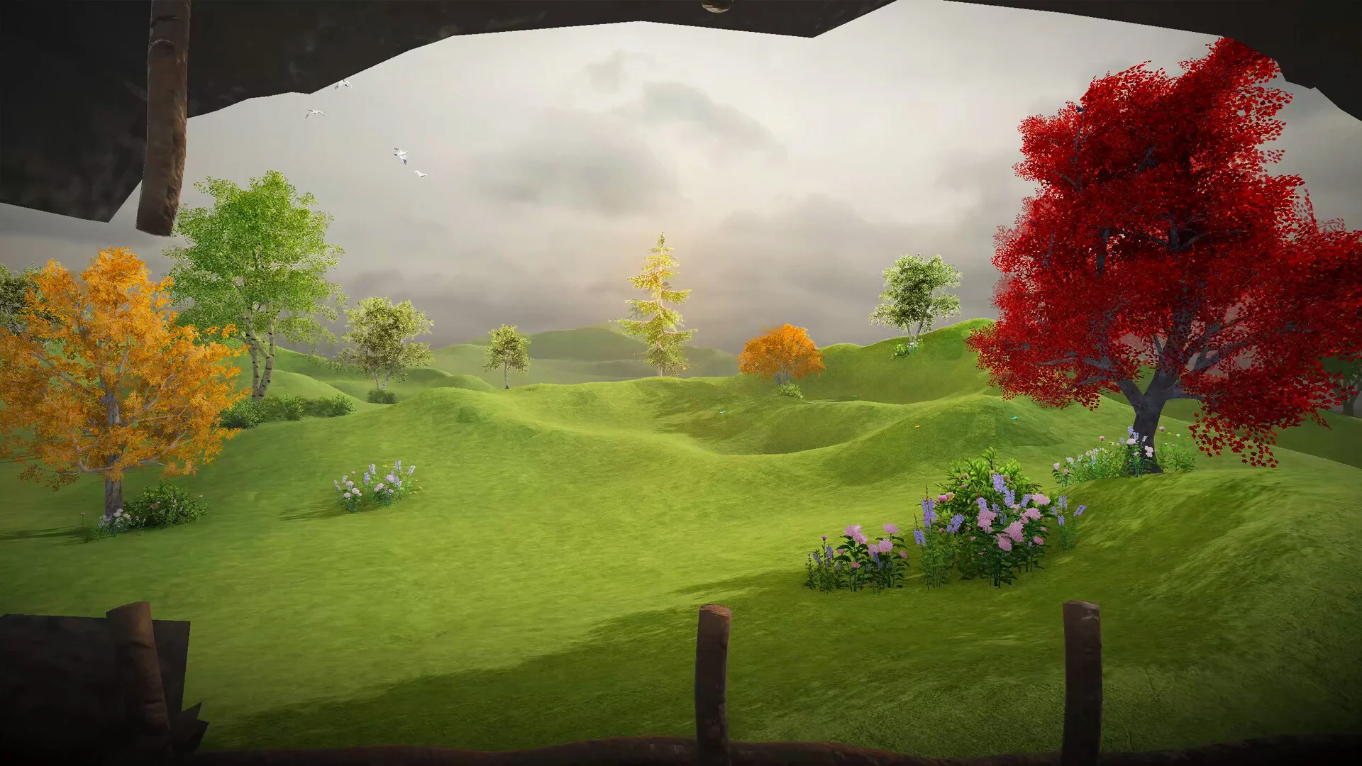 Green rolling hills with orange, yellow and red trees seen from a dark cave mouth, birds in a grey sky