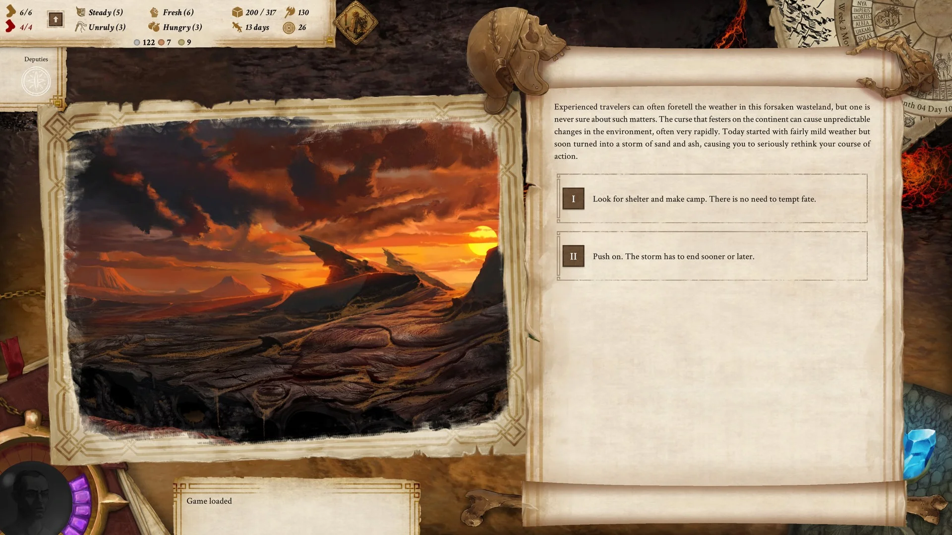 Event parchment, stormy wasteland sunset on the left, two choices Look for shelter and Push on